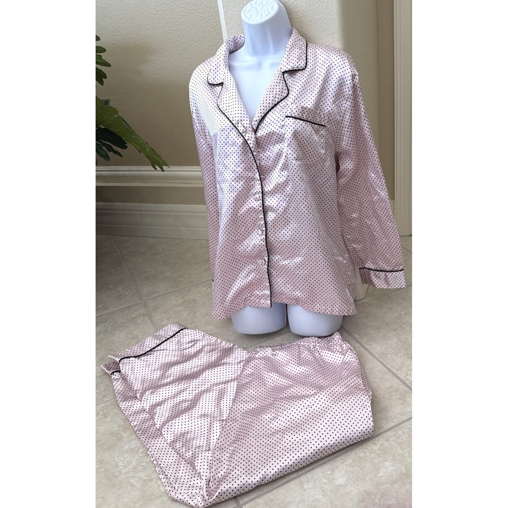 Pink Polka Dot Satin Pajama Set Long Sleeve Button Down Top and Pants Sz L *